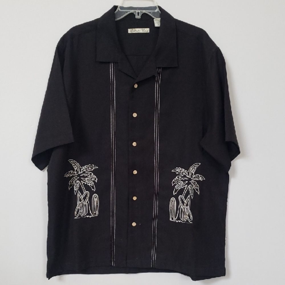 Batik Bay Men's Aloha Hawaiian Black Cream Embroidered Palm Tree Camp Shirt